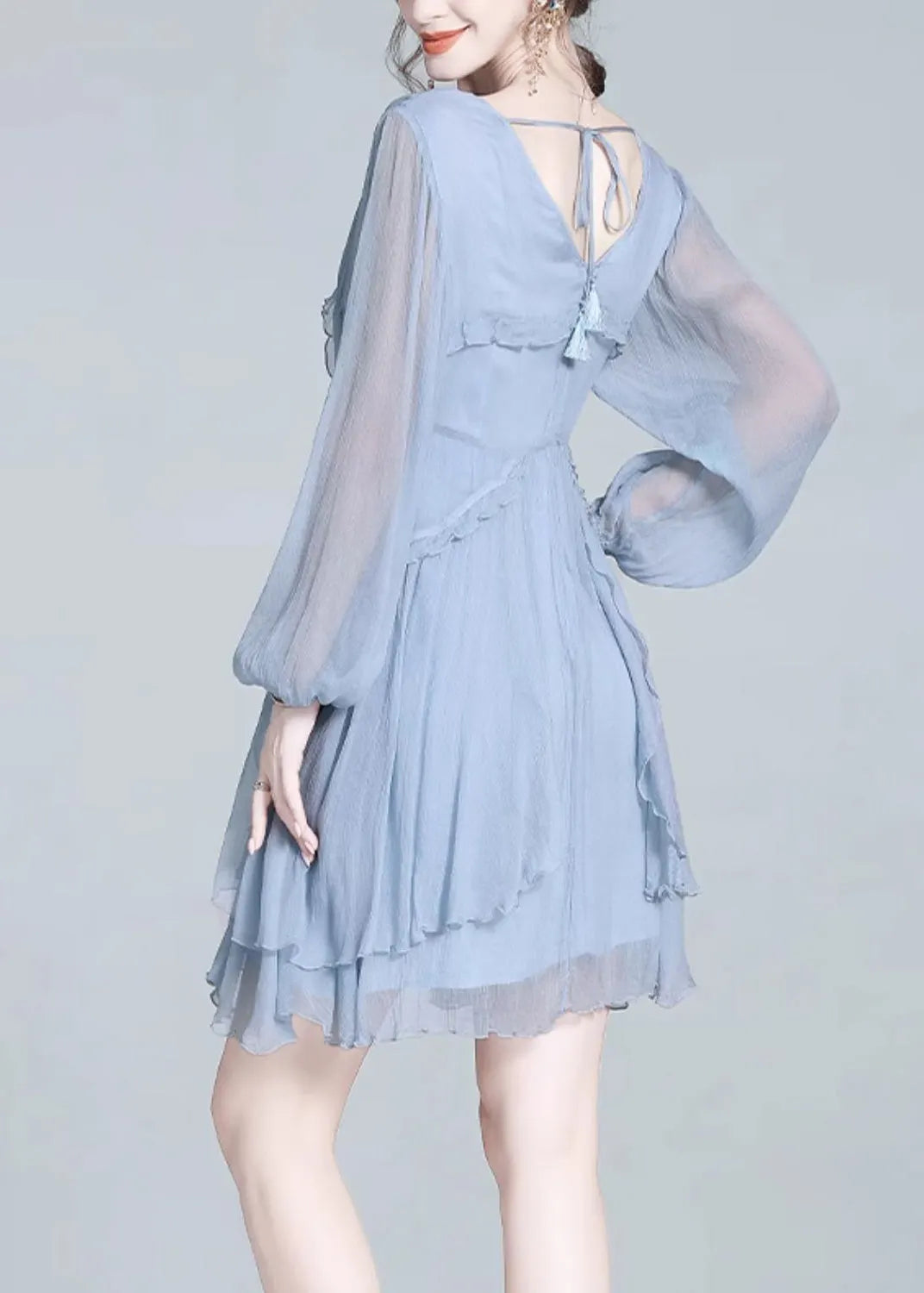 French Blue V Neck Ruffled Patchwork Silk Mid Dress Summer