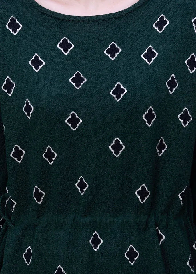 Slim Fit Green O-neck Drawstring Print Knit Long Dress Long Sleeve