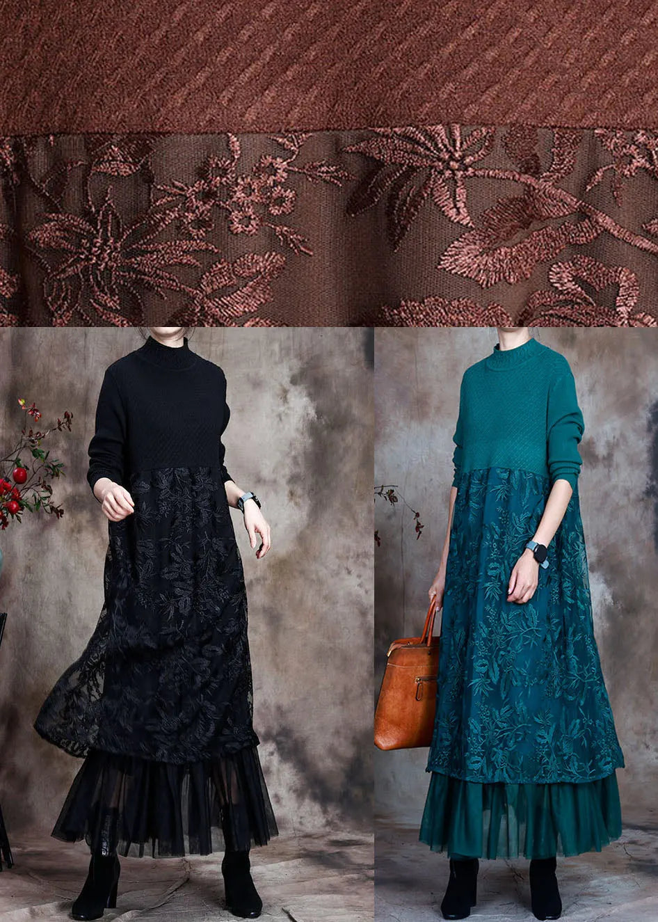 Blue Slim Fit Lace Patchwork Knit Fall Wool Dress