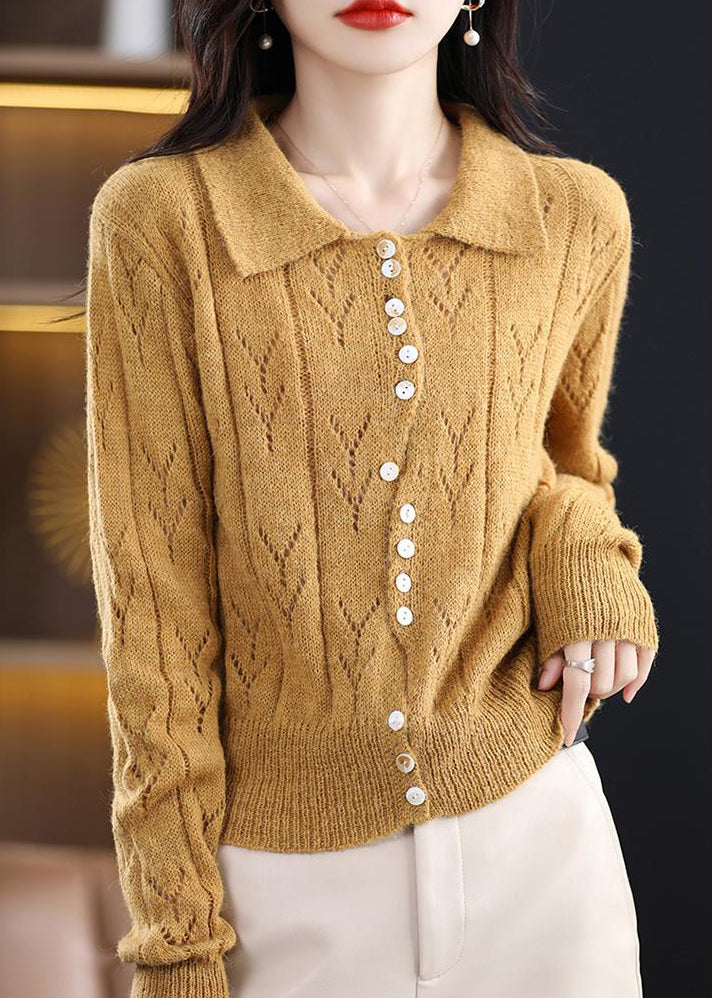 Yellow Button Hollow Out Knit Sweater Spring