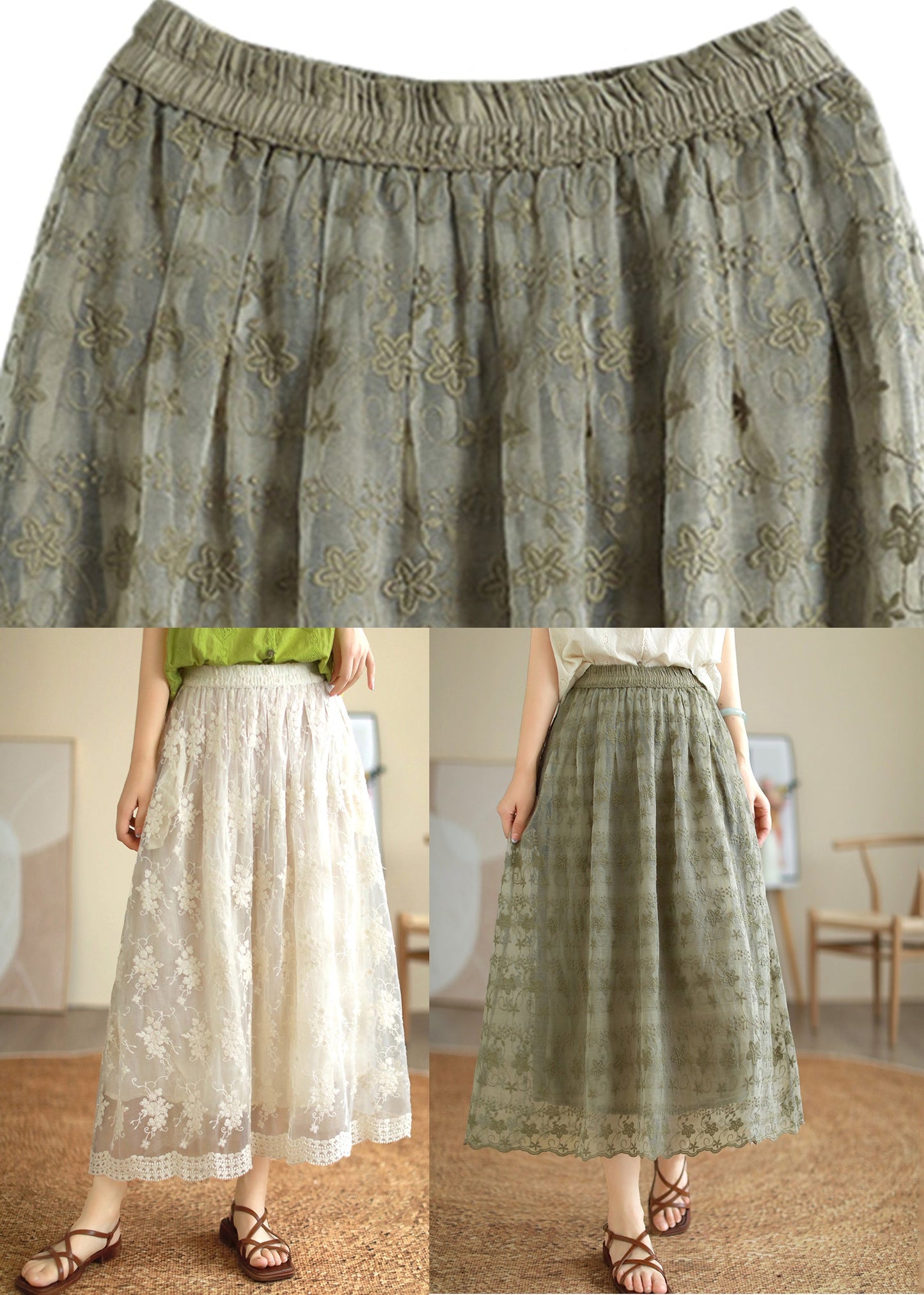 White Embroidered Lace Patchwork Tulle Pleated Skirt Summer