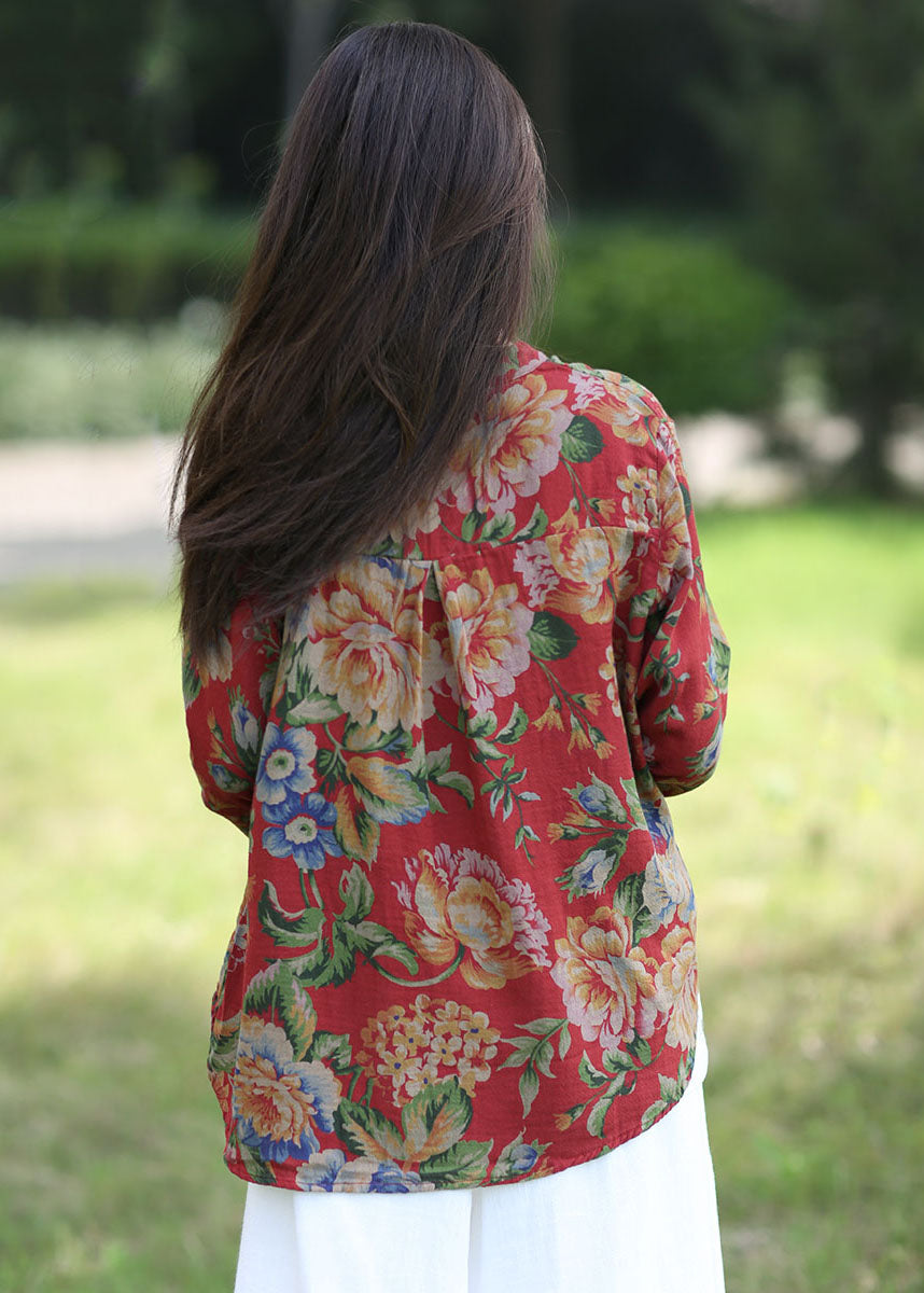 Red Print O-neck Cotton Shirt Top Spring