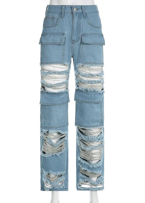 Blue Pockets Patchwork Ripped Jeans Summer