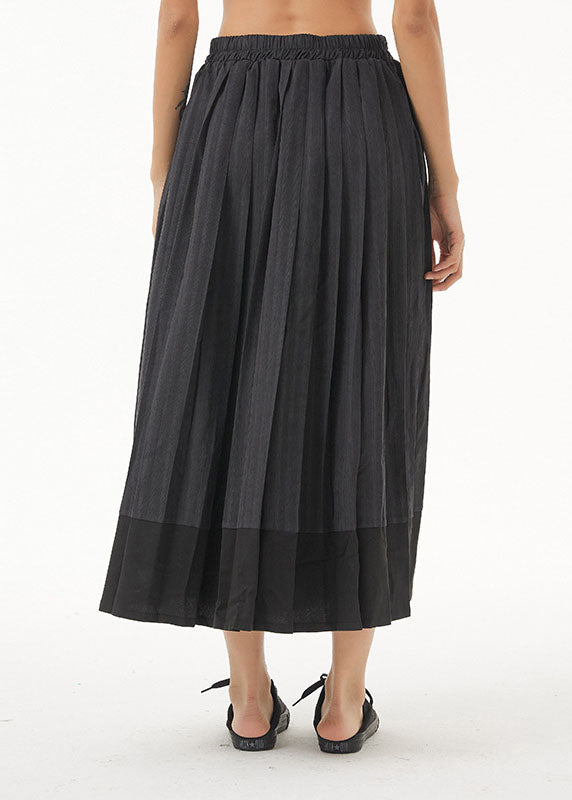 Dark Grey Elastic Waist Patchwork Pleated Skirt Spring