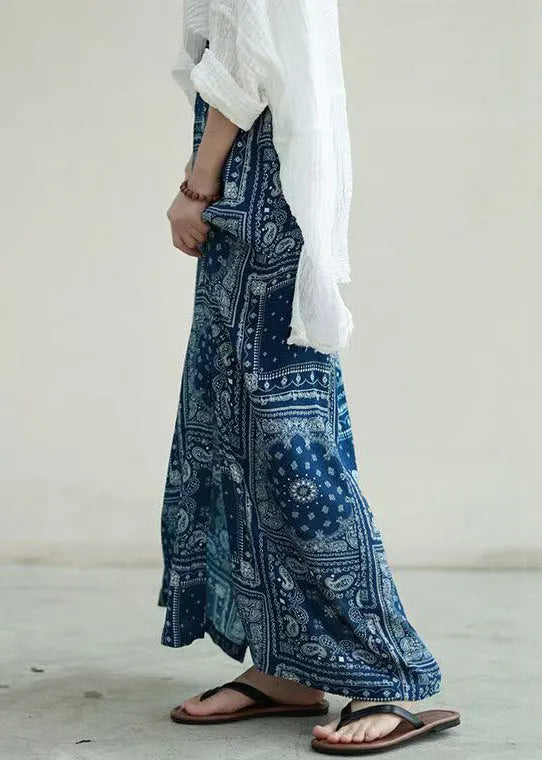 New Blue Print Side Open High Waist Cotton Skirts Fall