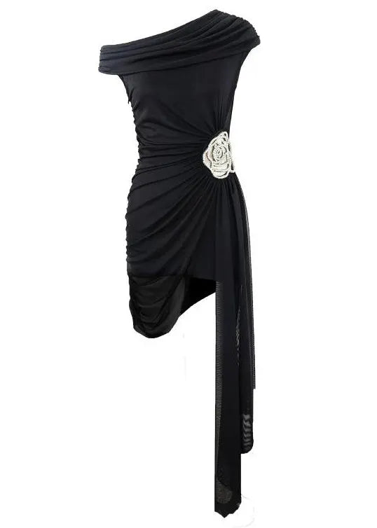 French Black Asymmetrical Zircon Mid Dress Summer