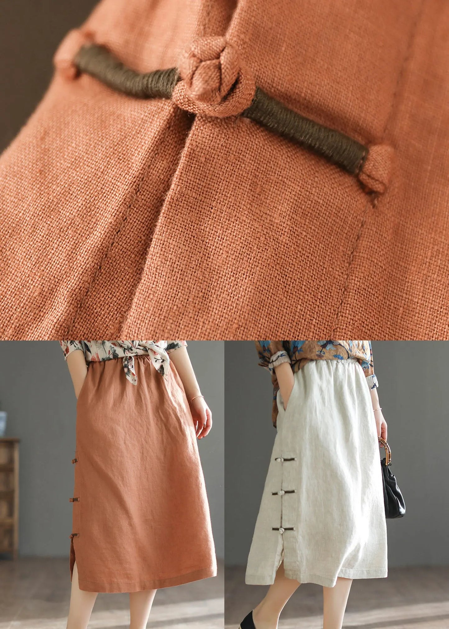 Linen Colour Side Open Linen a Line Skirt High Waist Drawstring Summer