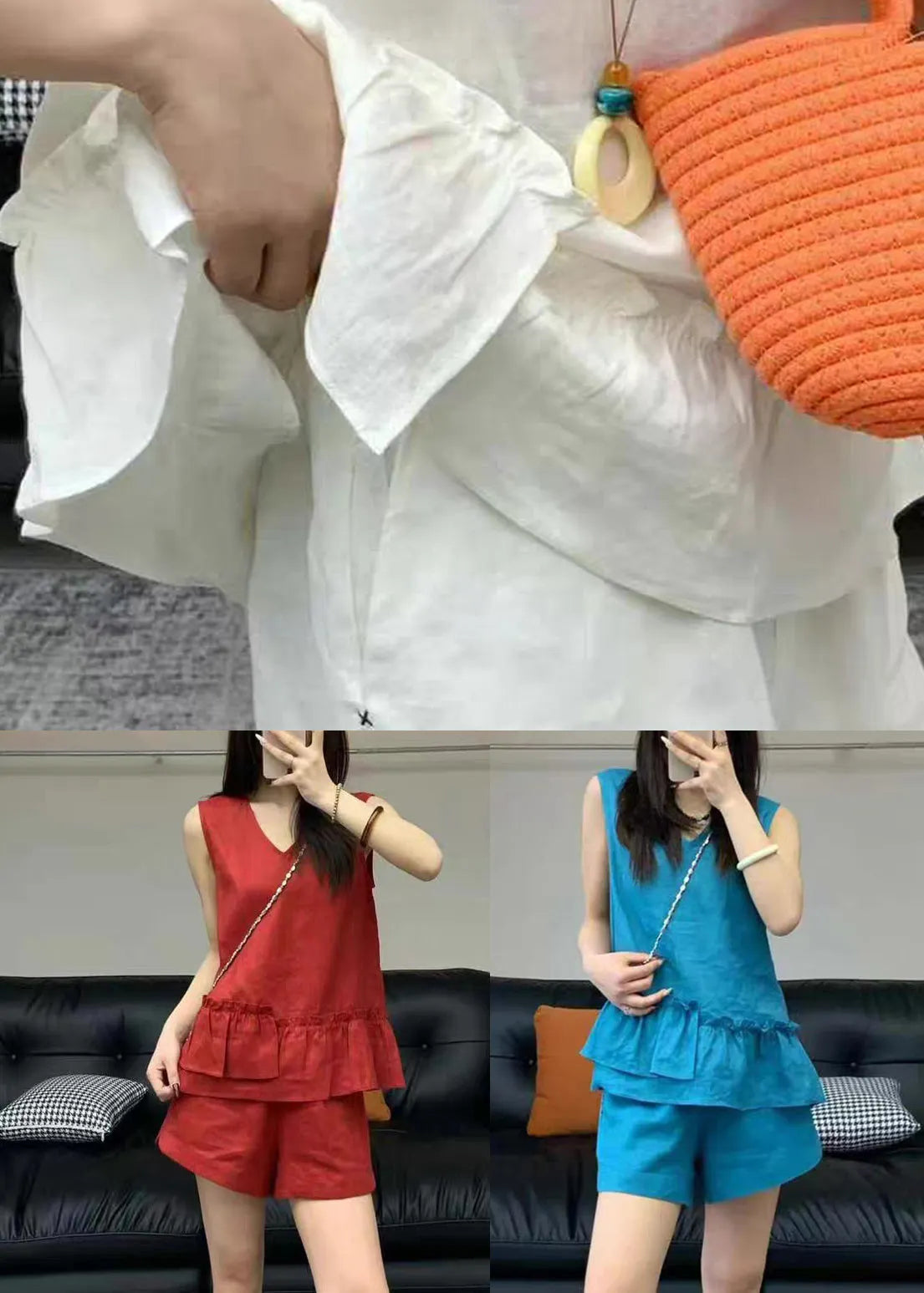 Simple Blue V Neck Ruffled Linen Two Piece Set Sleeveless