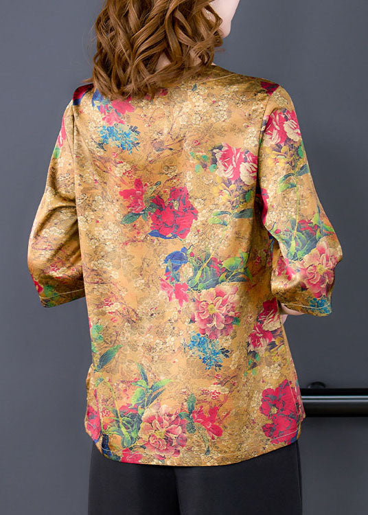 Yellow Side Open V Neck Print Silk Blouse Tops Half Sleeve