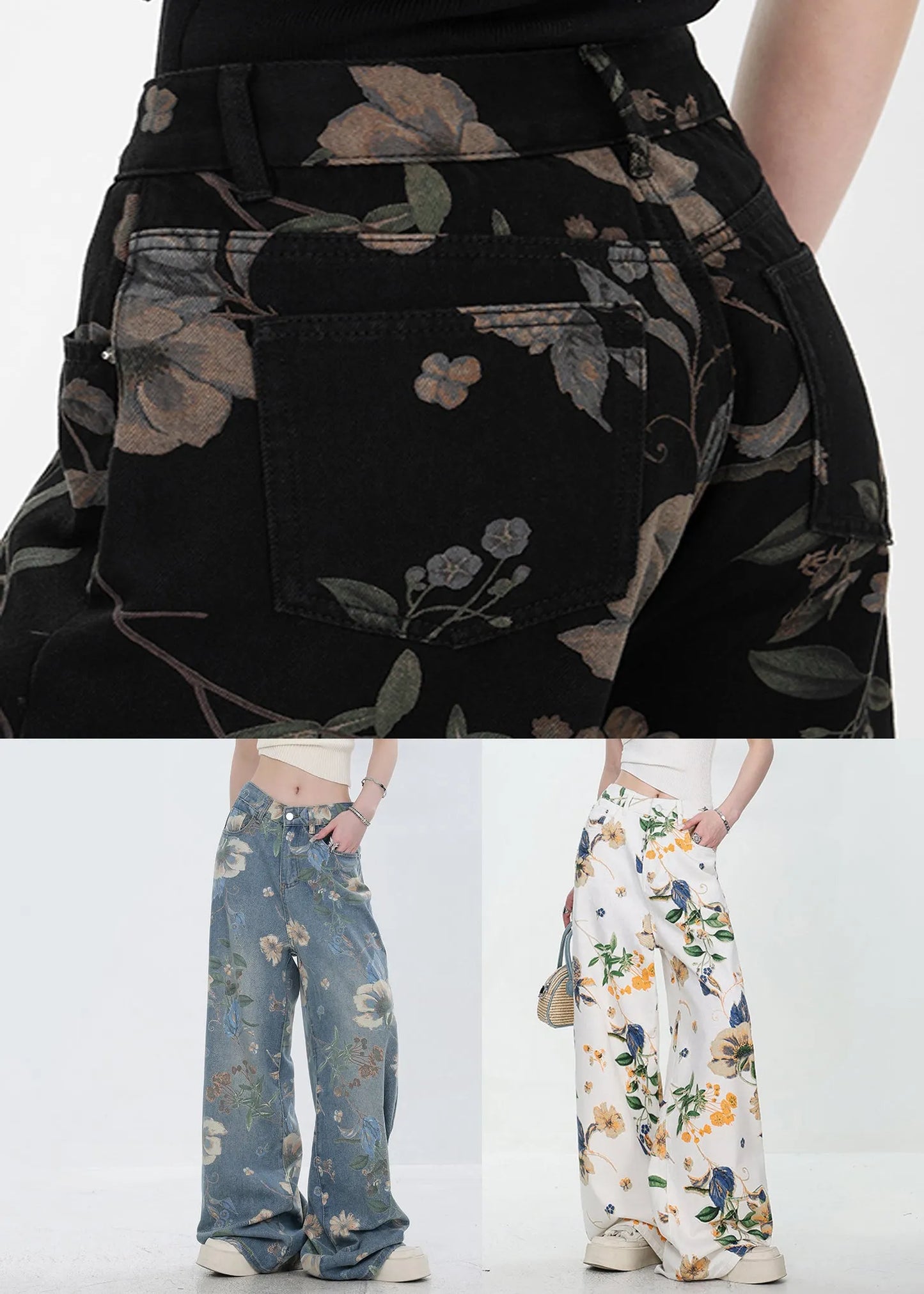 Black Pockets High Waist Denim Fall Wide Leg Pants Print