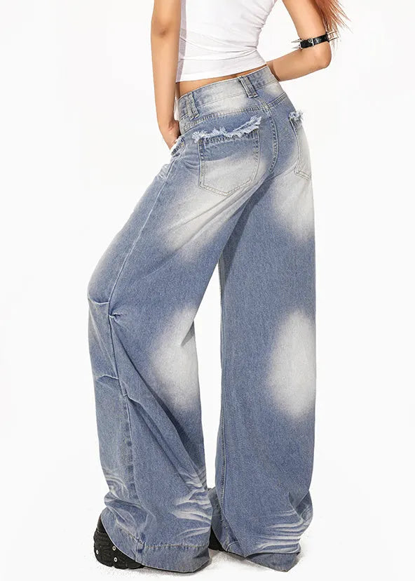 Light Blue Wrinkled Pockets Patchwork Wide Leg Jeans