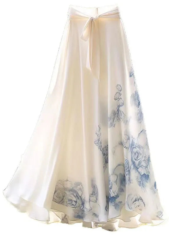 New White Print Lace Up Chiffon Maxi Skirts Summer
