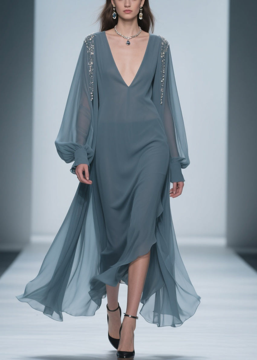 Blue Original Design Chiffon Dress V Neck Lantern Sleeve