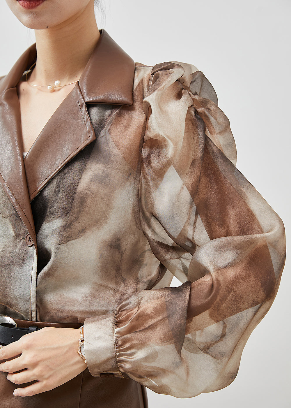 Khaki Tie Dye Patchwork Chiffon Shirt and Faux Leather Skitr Two Piece Set Outfits Puff Sleeve