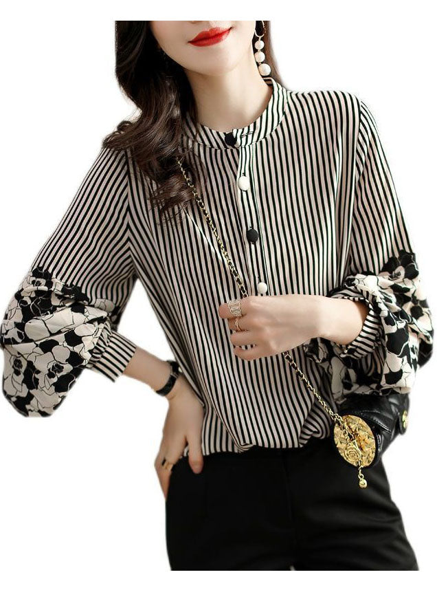 Handmade Black Striped Stand Collar Patchwork Print Chiffon Shirt Long Sleeve Fall