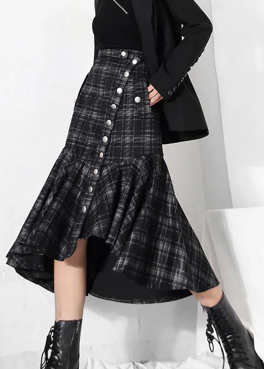 Black Low High Design Ruffles Plaid Skirt Spring