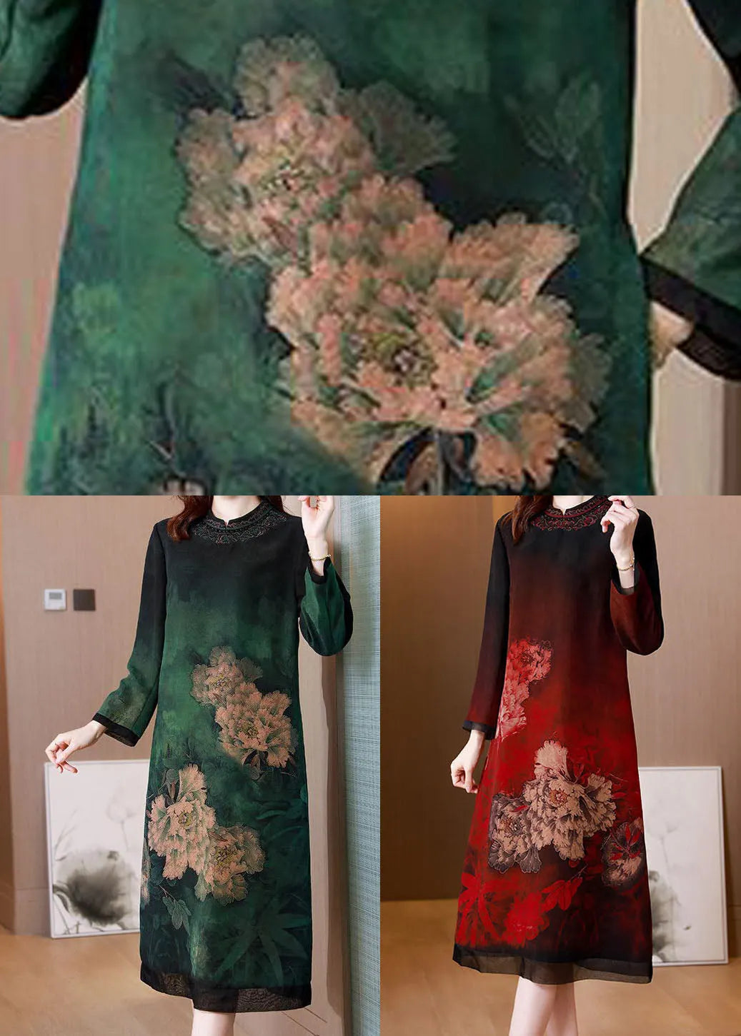 Stylish Red Stand Collar Print Silk Long Dress Spring