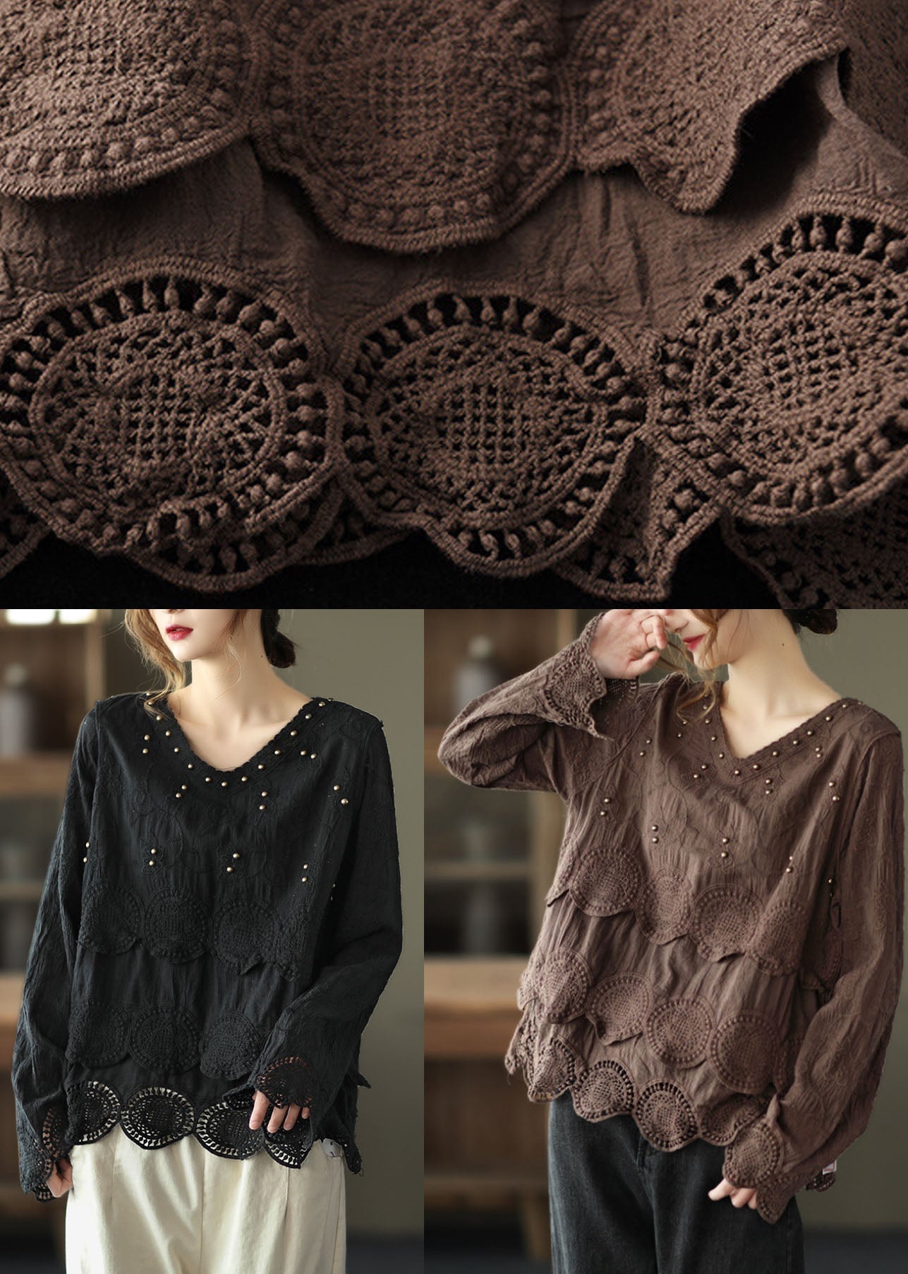 Chocolate Embroideried Hollow Out Fall Long Sleeve Shirt Tops