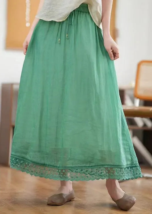 New Green Hollow Out Elastic Waist Linen Skirts Summer
