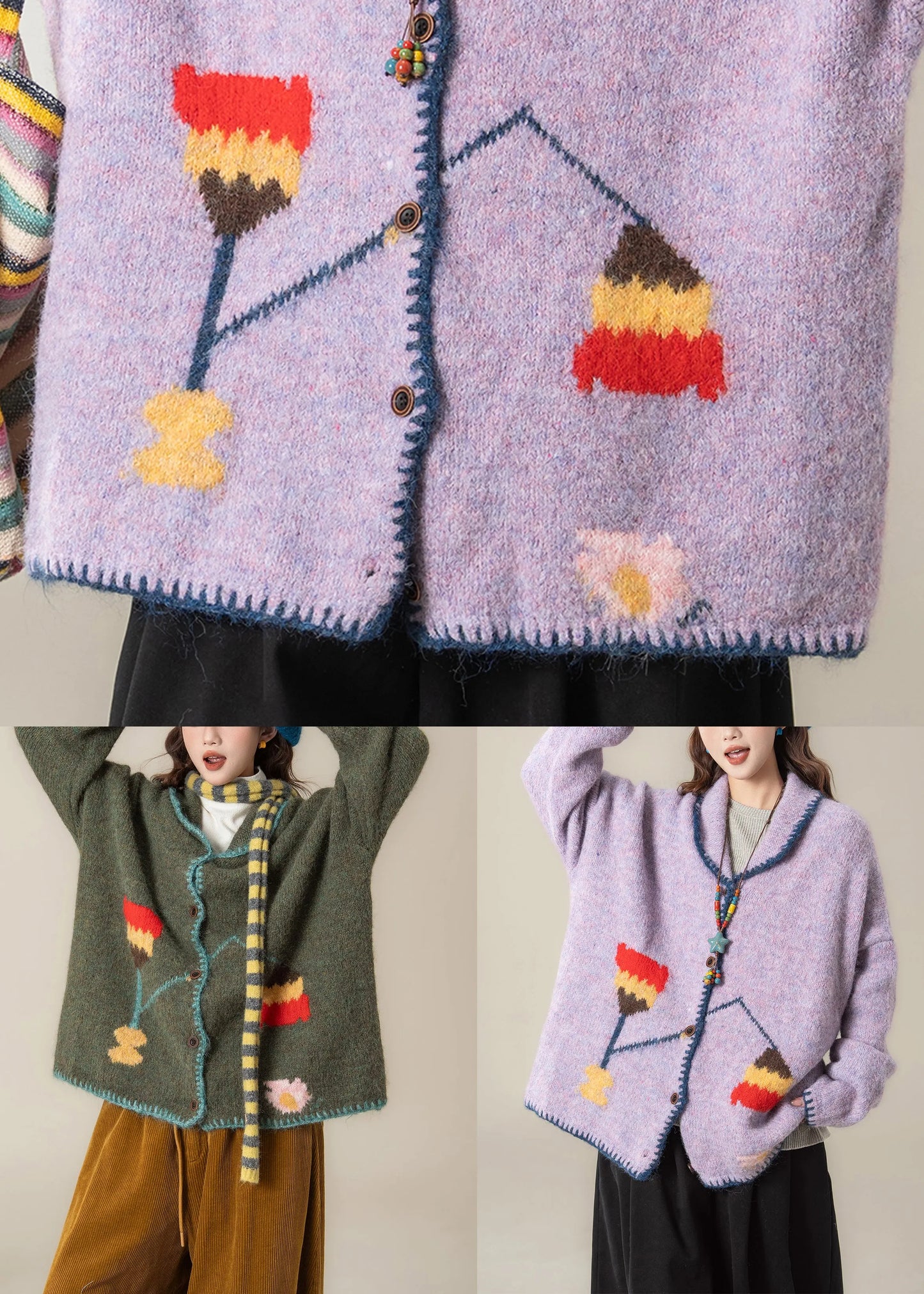 Purple Jacquard Button Knit Coats Peter Pan Collar