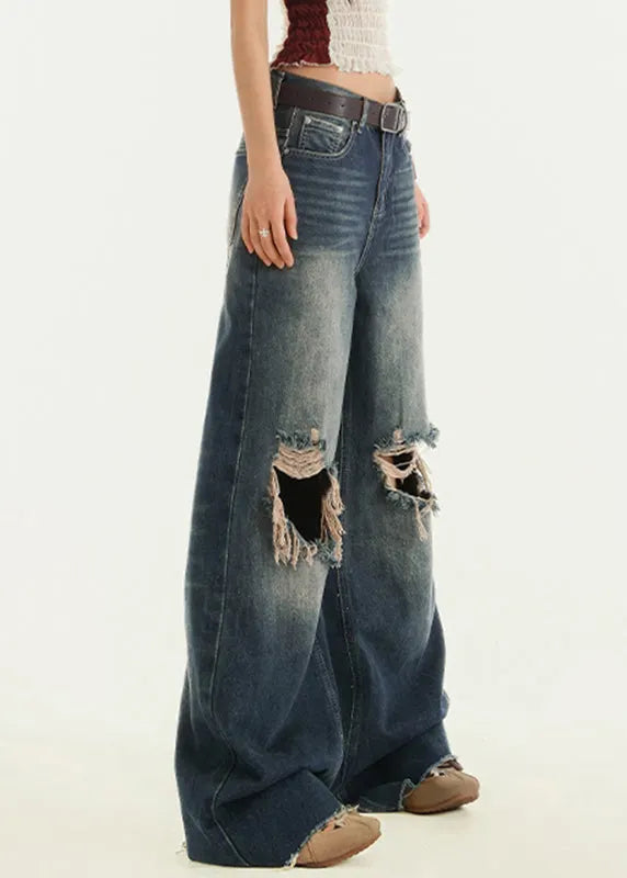Blue High Waist Wide Leg Ripped Jeans Fall