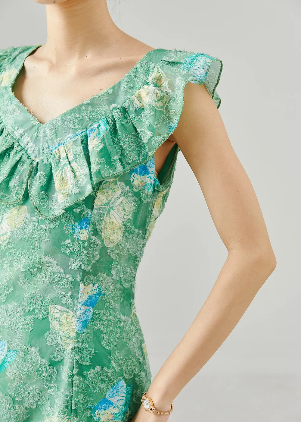 Unique Green Ruffled Butterfly Silk Long Dress Summer