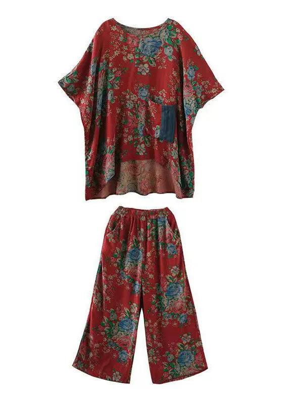 Red Print Pockets Patchwork Tops and Pants Cotton Two Pieces Set Summer
