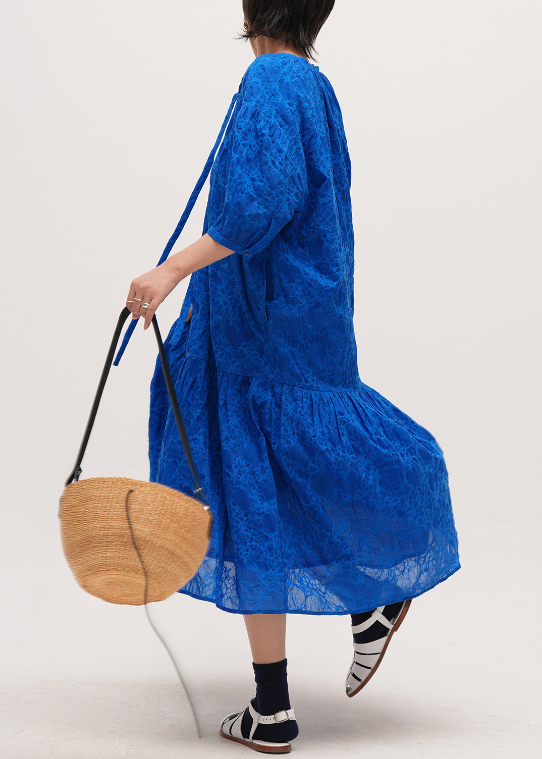 Blue Print Pockets Lace Up Cotton Long Dresses Half Sleeve Fall