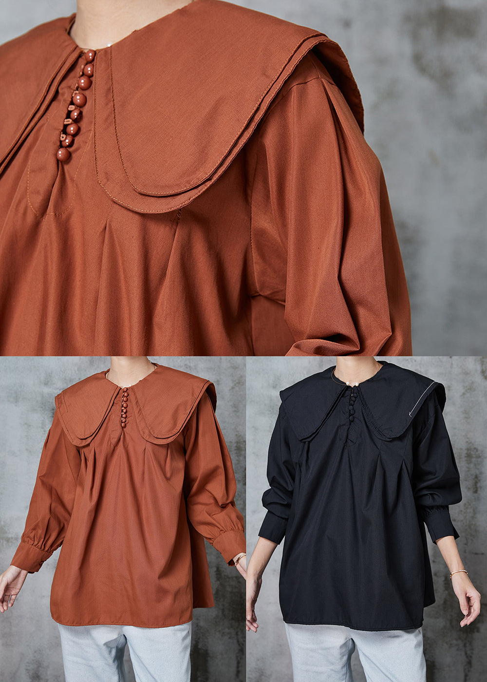 Brown Double-layer Collar Cotton Shirt Top Spring