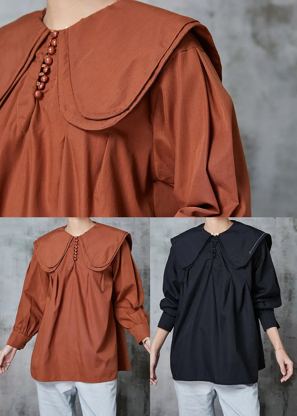 Black Cotton Blouses Double-layer Collar Spring
