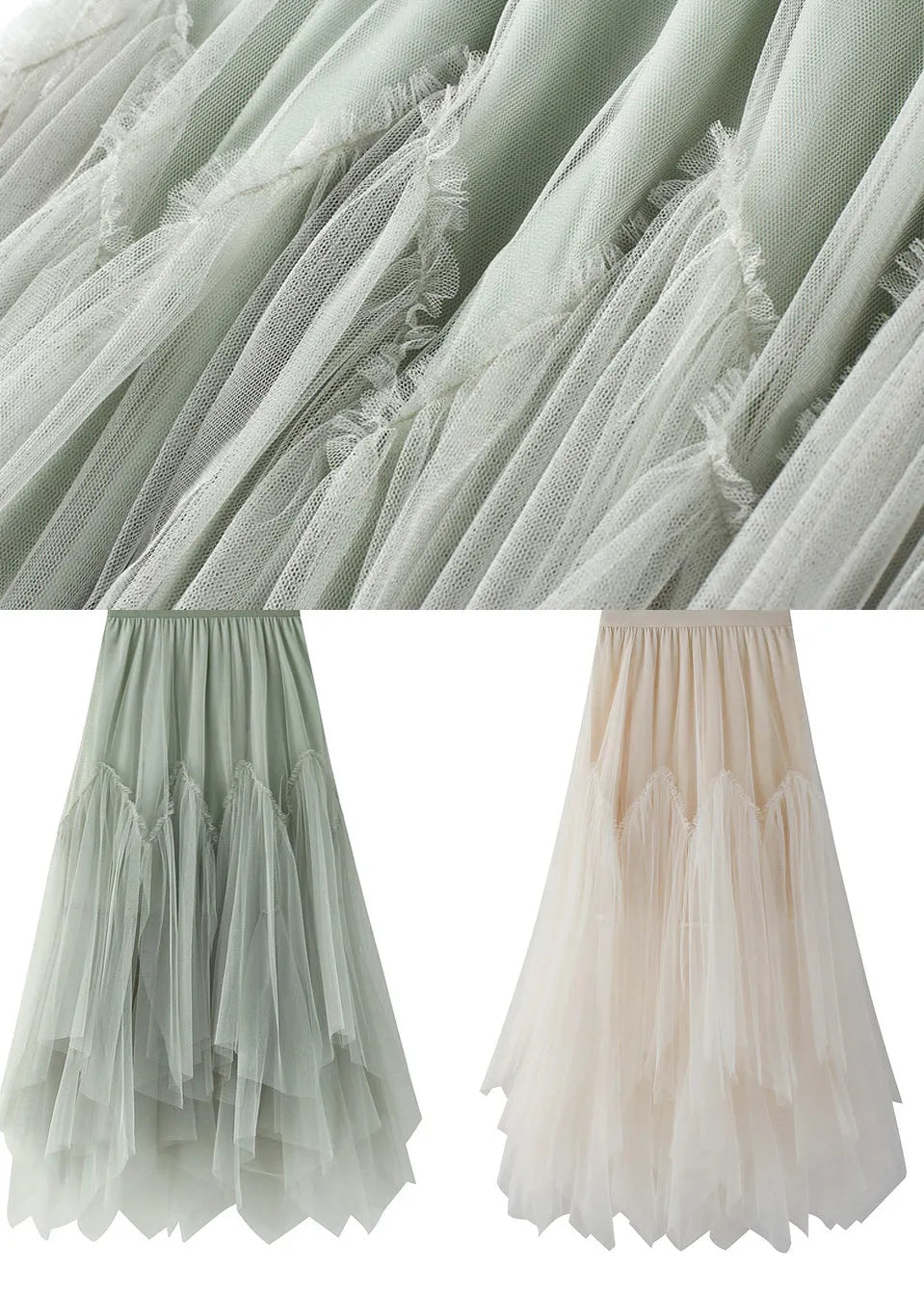 Green Asymmetrical Elastic Waist Tulle Pleated Skirt Summer