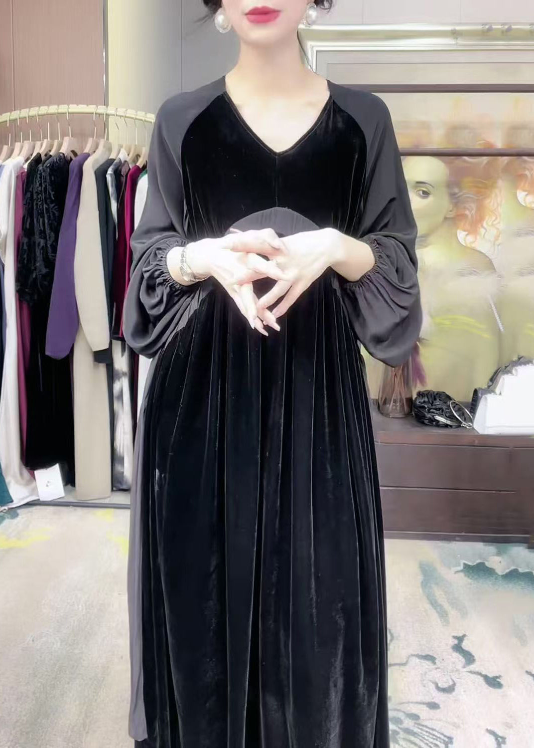 Loose Black V Neck Patchwork Silk Velour Long Dress Winter