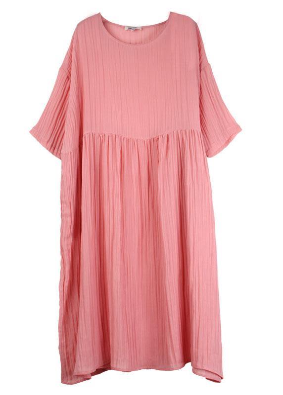 Pink Wrinkled Pockets Summer Dress Half Sleeve