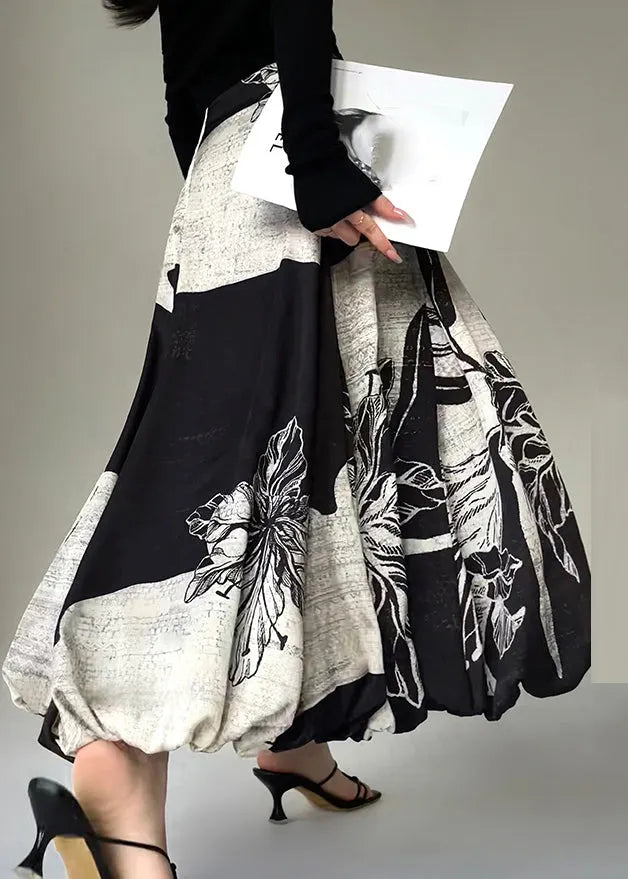 Italian Black Print High Waist Cotton Maxi Skirt Fall