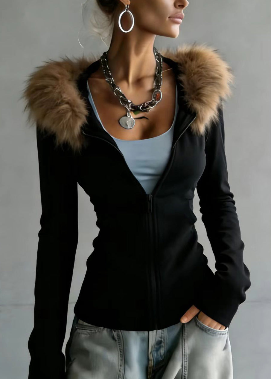 Italian Black Fur Collar Patchwork Cotton Hooded Coats Spring