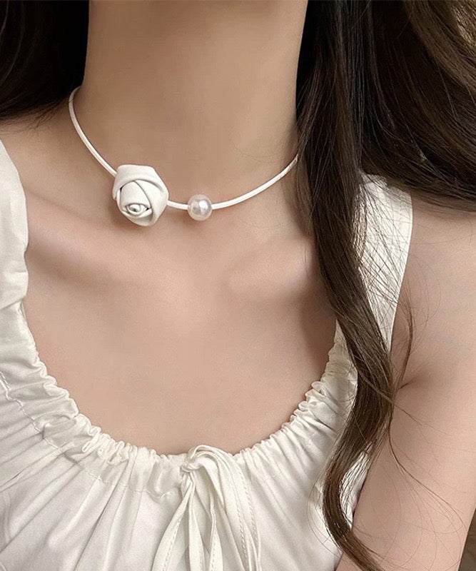 White Stainless Steel Pearl Rose Choker