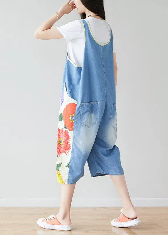 Light Blue Oversized Patchwork Print Cotton Denim Jumpsuits Summer