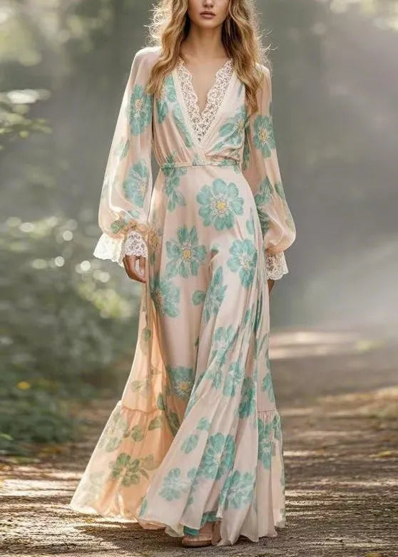 Apricot V Neck Print Patchwork Silk Maxi Dresses Spring