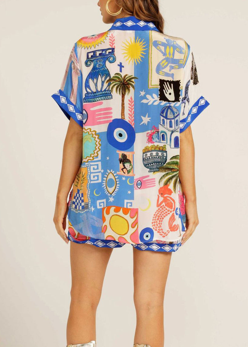 Blue Peter Pan Collar Print Ice Silk Two Pieces Set Summer