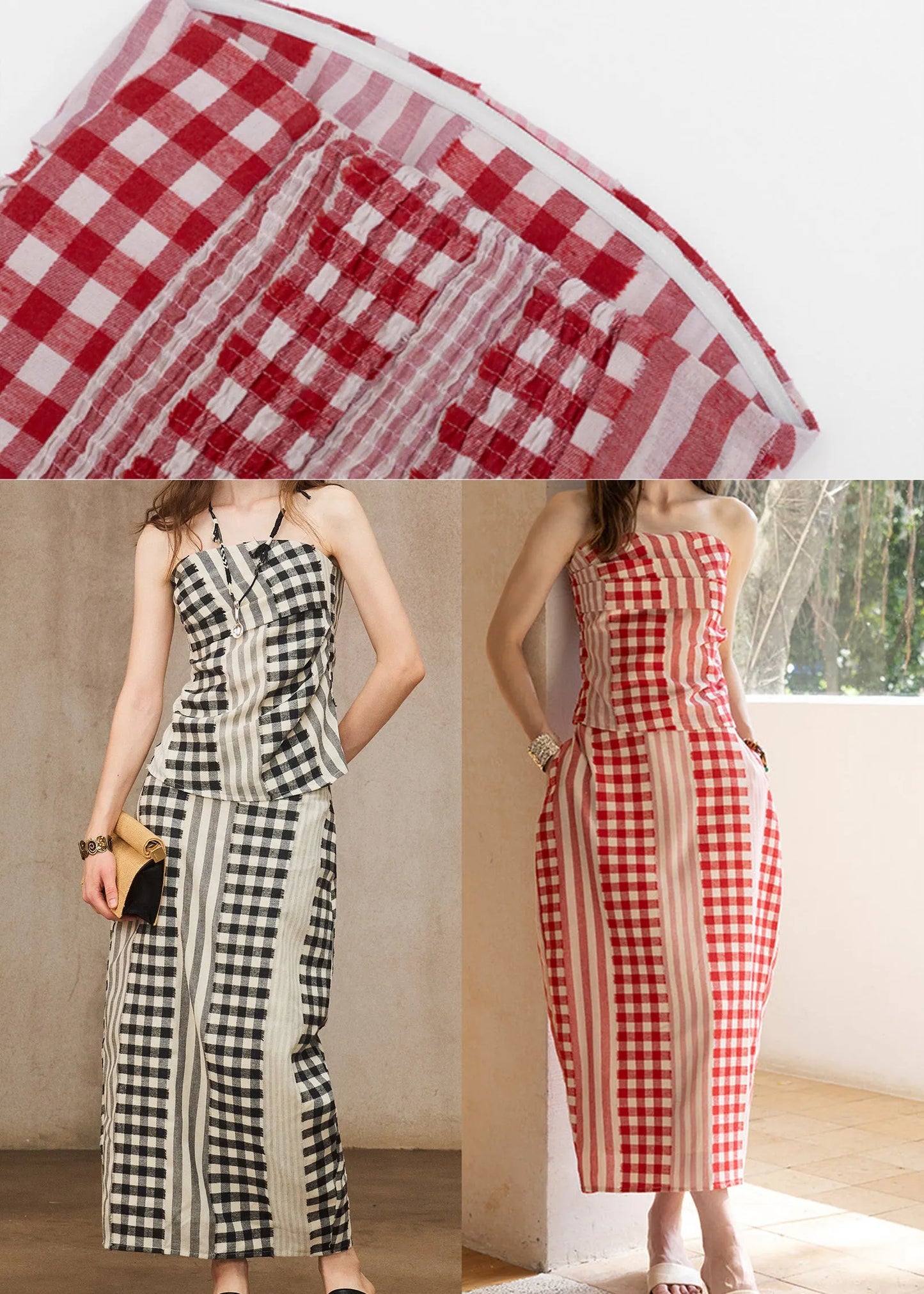 Red Backless Plaid Cotton Two Pieces Set Summer