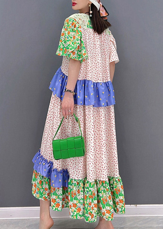 Peter Pan Collar Print Button Ruffles Tie Waist Dresses Short Sleeve