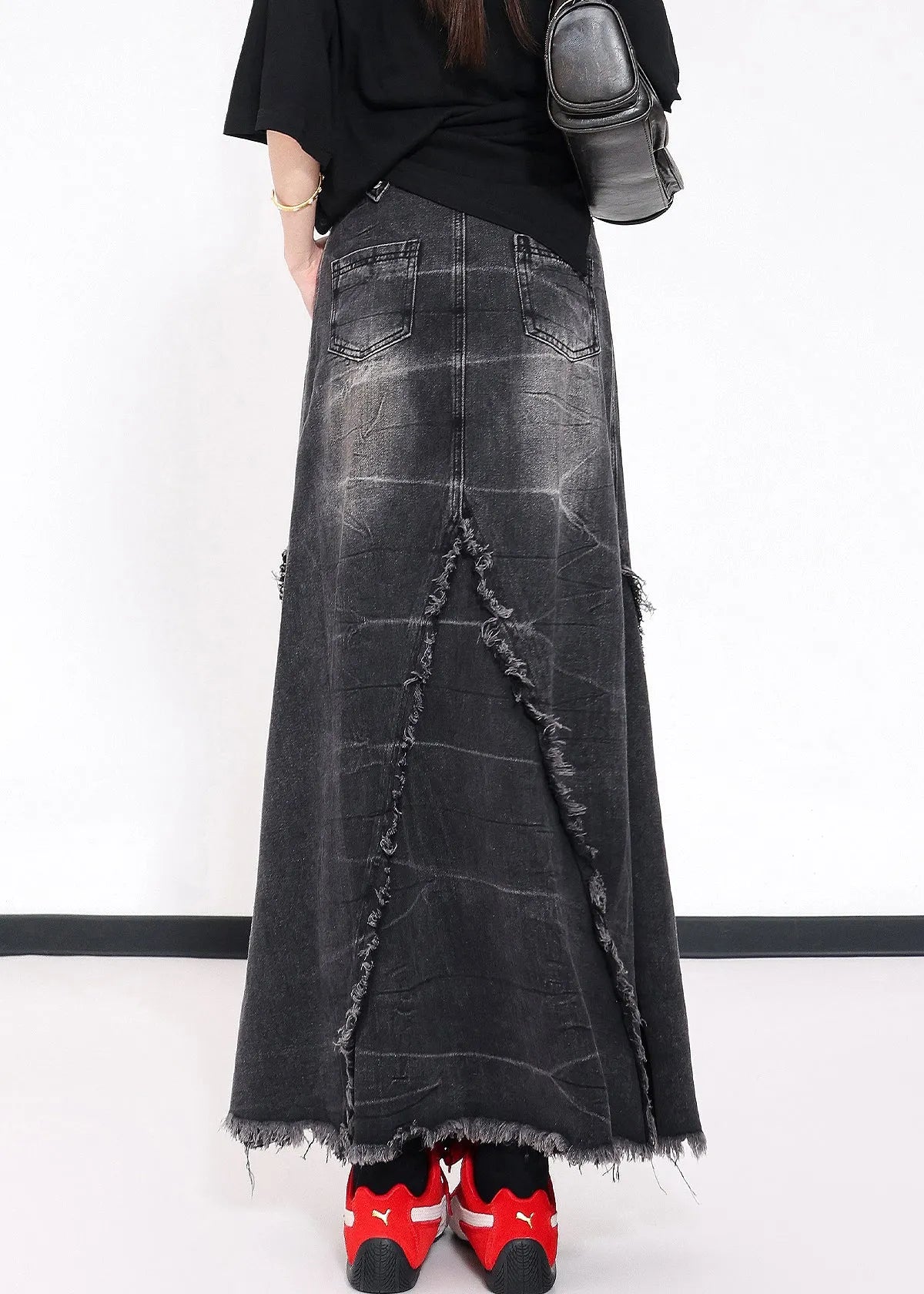 Black Tassel Pockets Patchwork Slim Fit Denim Skirts Fall