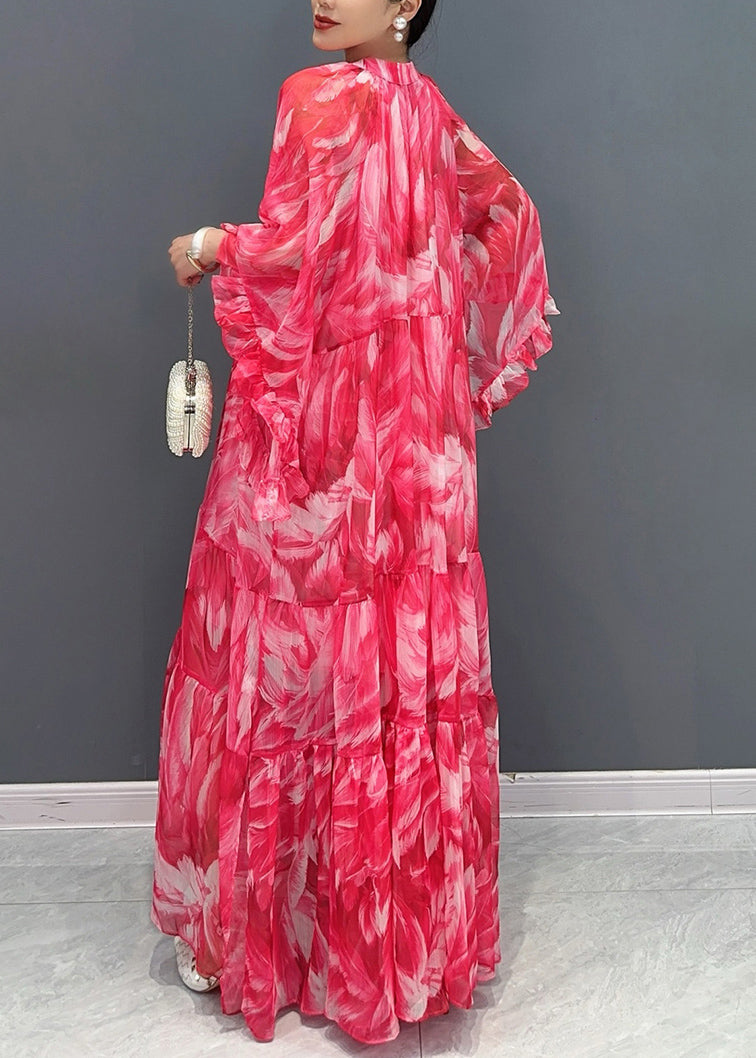 Pink Flower Ruffled Chiffon Maxi Dress Batwing Sleeve