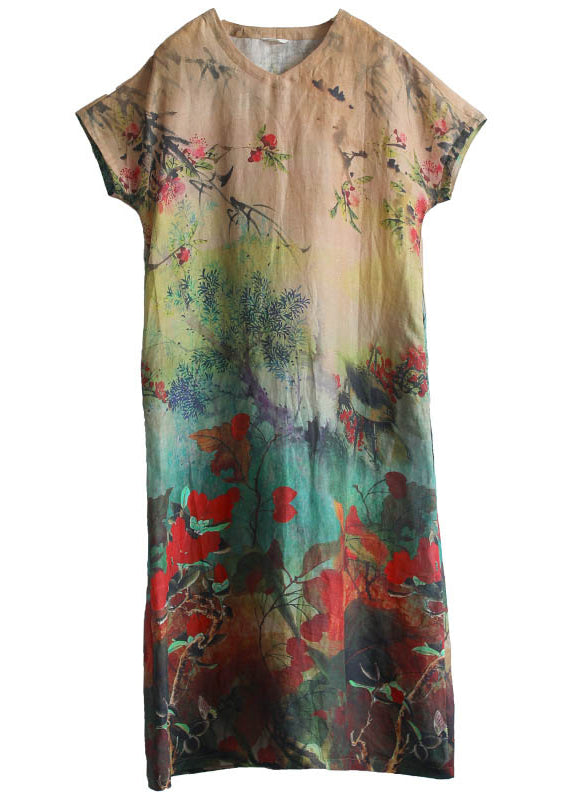 V Neck Print Linen Long Dress Short Sleeve