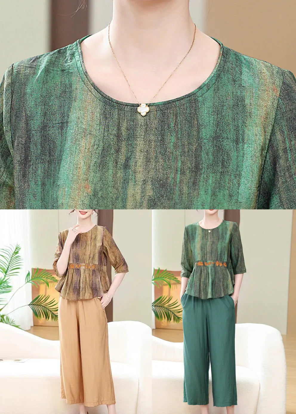 Loose Khaki Print Tops and Crop Pants Cotton Two Piece Set Summer