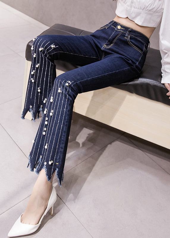 Blue High Waist Button Tassel Crop Jeans Spring