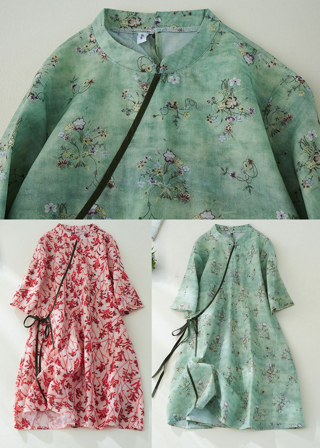Diy Red Stand Collar Print Button Cotton Blend Holiday Cinch Dress Half Sleeve Summer