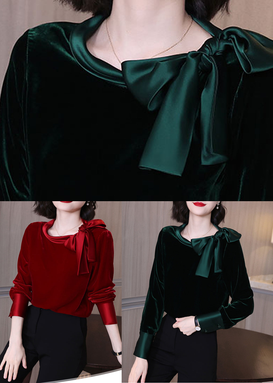 Art Red O-neck Velour Tops Long Sleeve