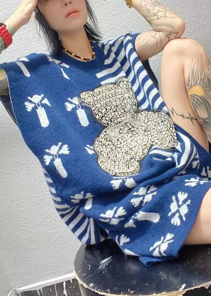 Stylish Blue O-neck Nail Bead Striped Fall Two Pieces Set
