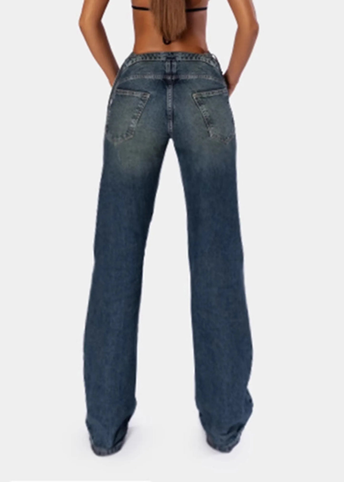 Stylish Navy Patchwork Denim Pants Spring